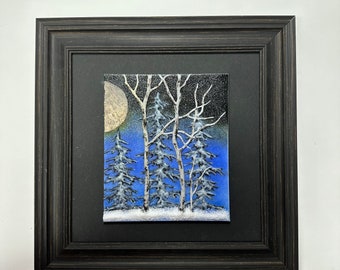 Birch tree fused glass art winter moon panel, unique gifts for him, tree home decor, 3D wall sculpture