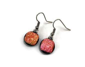 Pink gold fused glass dangle earrings dichroic glass jewelry, best friend gifts, hypoallergenic