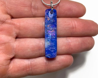 Blue white fused glass iridescent pendant, dichroic jewelry for teacher gifts, chain included, presents for her, handmade in Alberta