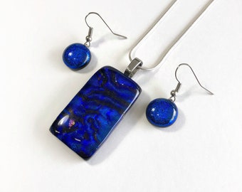 Blue fused jewelry set, handmade dichroic glass pendant and earrings, unique gifts for mom, chain included