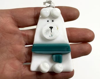 Polar bear fused glass ornament, unique gifts for her, handcrafted Christmas tree decoration, window hanging