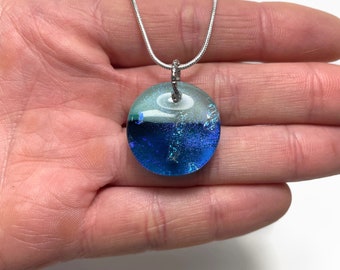 Dazzling Round Dichroic Glass Pendant, Blue Green Jewelry for Best Friends, Chain Included