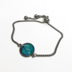 Pulsera iridiscente verde azulado con alas de mariposa reales, pulsera ajustable con cierre, regalos únicos para ella, joyería de insectos