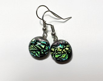 Iridescent green dangle earrings, fused dichroic glass jewelry, unique friends gifts, hypoallergenic