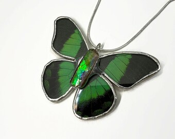 Handcrafted Butterfly Ammolite Pendant, Real Wing Jewelry, Nature Inspired Gifts for Her, Stained Glass Necklace