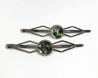 Green hair barrettes glass bobby pins, set of 2 hair clips, real butterfly jewelry, unique gifts for her, real sunset moth wing