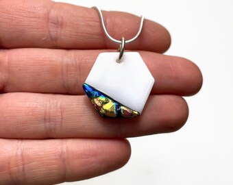 Iridescent white pendant dichroic glass jewelry fused glass pendant gifts for her geometric jewelry unique presents chain Included