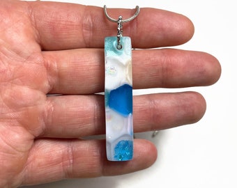 Blue fused Glass white pendant dichroic glass jewelry, unique gifts for mom, iridescent necklace, necklace included