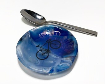 Blue Fused Glass Bike Spoon Rest - Bicycle Spoon Holder for Home Decor - Road Bike Dish