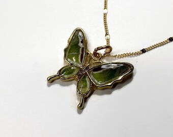 Green and brown gold pendant, real butterfly wing jewelry, unique gifts for her resin pendant, necklace included