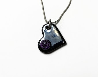 Iridescent heart black pendant, fused dichroic glass jewelry, handmade statement pendant, gifts for her, chain included.