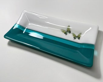 Butterfly fused glass plate, green serving dish, spoon rest, trinket tray, nature decor, unique gifts for her, housewarming presents
