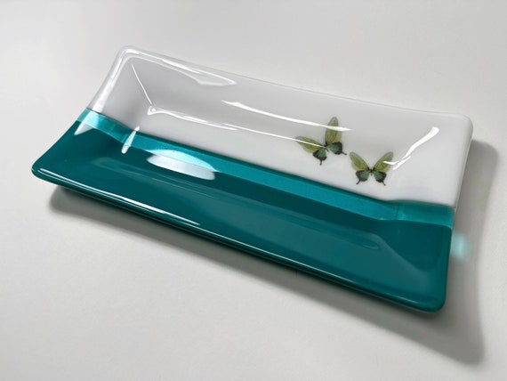 Butterfly fused glass plate, green serving dish, spoon rest, trinket tray, nature decor, unique gifts for her, housewarming presents