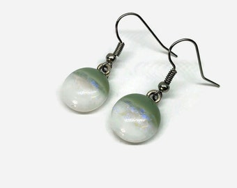 Green and white dangle fused glass earrings Dichroic glass jewelry