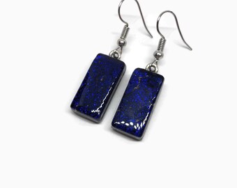 Glass iridescent blue earrings, dichroic glass jewelry, fused glass earrings, dangle earrings, sparkle earrings, hypoallergenic