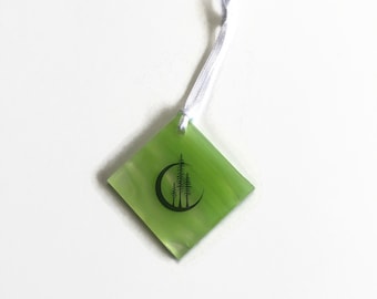 Fused Glass Green Moon Ornament: Handmade Nature Window Decor