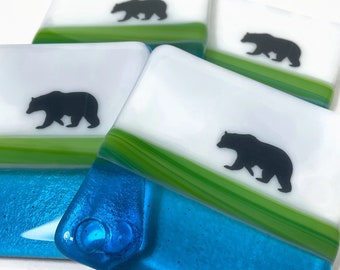 Blue Whimsical bear coasters, fused drink rest, coasters for him, wildlife home decor, coffee table art, set of 4