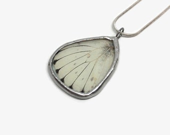 butterfly pendant White glass pendant Real butterfly wing jewelry stained glass wing unique gifts for her chain included butterfly Taxidermy