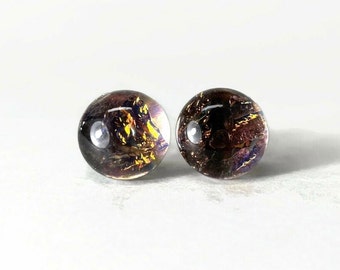 Transparent burgundy stud earrings, fused glass jewelry, dichroic round earrings, 9mm, hypoallergenic, gifts for her, unique presents