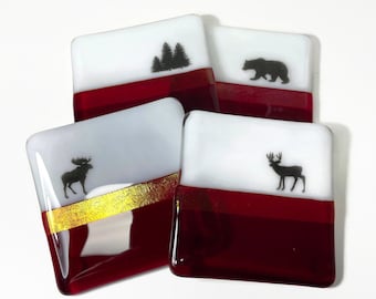 Wildlife fused glass coasters, red and white drink rest set, mountain decor, unique gifts for her, iridescent coasters, set of 4