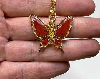 Red dainty butterfly necklace, nature inspired presents, real butterfly wing jewelry, unique gifts for her, resin pendant