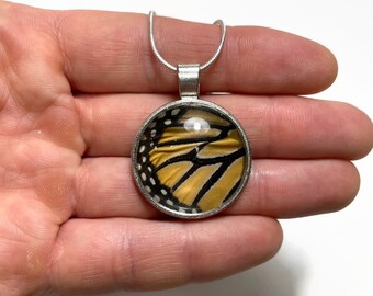 Orange and black pendant real monarch butterfly wing jewelry best friend gifts glass necklace recycled butterfly wing chain included