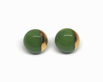 Fused green and gold stud earrings, glass jewelry, geometric earrings, 9mm, hypoallergenic, gifts for her