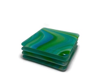 Coasters, Green and blue, Glass coasters, fused glass art, glass drink rest, glass home decor, coffee table decor, drink coasters