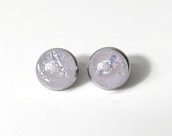 Pink dichroic glass stud earrings fused glass jewelry gifts for mom minimalist round studs hypoallergenic