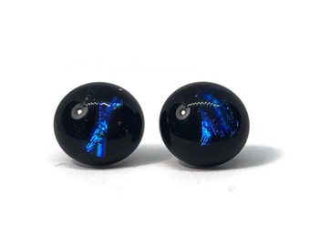 Black Blue Glass Stud Earrings - 9mm, Pain-Free, Hypoallergenic, Tiny Blue Studs, Minimalist Earrings