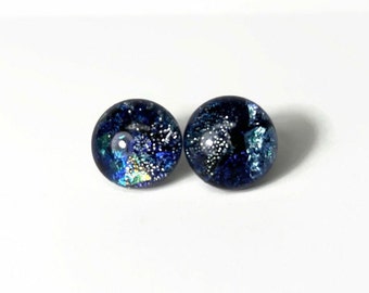 Iridescent stud earrings, fused dichroic glass jewelry, blue and silver minimalist round studs, hypoallergenic, 11mm