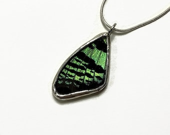 Butterfly green and black wing pendant, unique gifts for her, butterfly jewelry, sunset moth, real moth wing, glass necklace