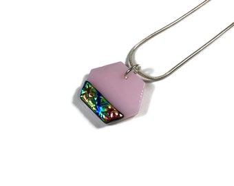 Dichroic glass pink hexagon pendant fused glass jewelry geometric necklace presents for her chain included unique gifts