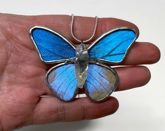 Blue pendant, iridescent, butterfly wing jewelry, Blue Morpho butterfly, real butterfly, glass pendant, necklace included