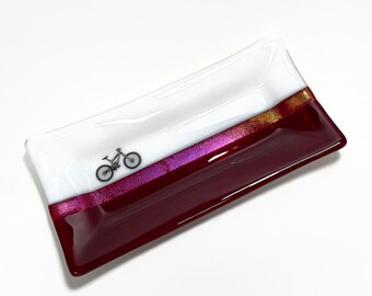 Red mountain bike plate, fused glass serving dish, trinket tray, unique gifts for him, kitchen decor, bike enthusiast, housewarming presents