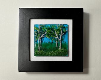 Summer birch tree fused glass art panel scenery picture, unique friends gifts, three dimensional wall sculpture