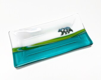 Mountain bear plate, fused glass serving dish, trinket tray, unique gifts for her, wildlife decor, housewarming gifts, handmade in Canada