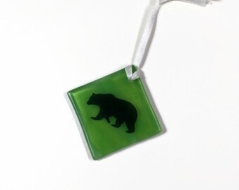 Handcrafted Fused Glass Bear Ornament, Whimsical Holiday Decoration, Wildlife Window Sun Catcher Gift