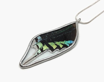 Butterfly wing green black pendant, real moth jewelry, handmade stained glass necklace, Unique gifts for her, chain included