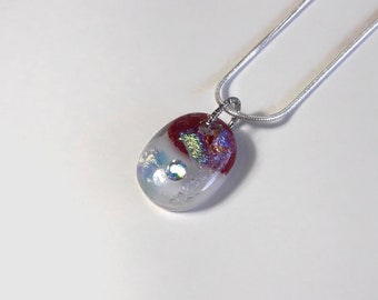 Iridescent red white dichroic glass pendant, fused glass jewelry, necklace for her, chain included