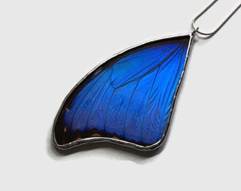 Butterfly wing Necklace, blue, iridescent, butterfly jewelry, stained glass wing necklace, Blue Morpho Butterfly, necklace included