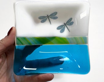 Dragonfly fused glass plate, blue serving dish, spoon rest, trinket tray, dragonfly decor, unique gifts for her, housewarming presents