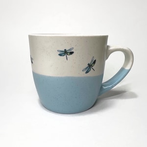 Handcrafted Blue and White Dragonfly Mug, Retro Coffee Cup Home Decor, Artisan made Gifts for Her