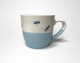 Handcrafted Blue and White Dragonfly Mug, Retro Coffee Cup Home Decor, Artisan made Gifts for Her