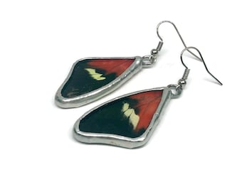 Red and black dangle wing earrings, stained glass wing, real butterfly jewelry, unique gifts for mom, hypoallergenic