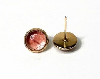 Pink wing earrings, real butterfly jewelry, unique gifts for her, round glass gold studs, presents for mom, hypoallergenic