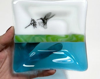 Hummingbird fused glass plate, blue serving dish, trinket tray, spoon rest, unique gifts for her, bird kitchen decor, housewarming presents