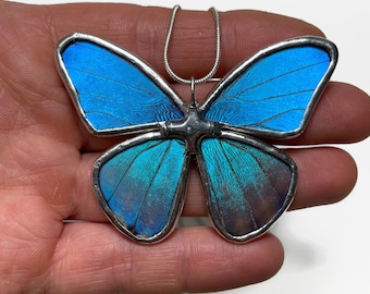 Blue iridescent butterfly necklace, real blue morph Butterfly jewelry, best  friend gifts, glass pendant, stained glass wing