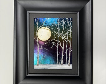 Birch Tree Fused Glass Art, Moonlit Landscape Panel for Her, Realistic Picture, Tree Wall Decor, Handmade Gift