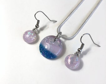 Pink fused dichroic glass jewelry pendant earrings set, gifts for her, dangle earrings, unique presents, chain included